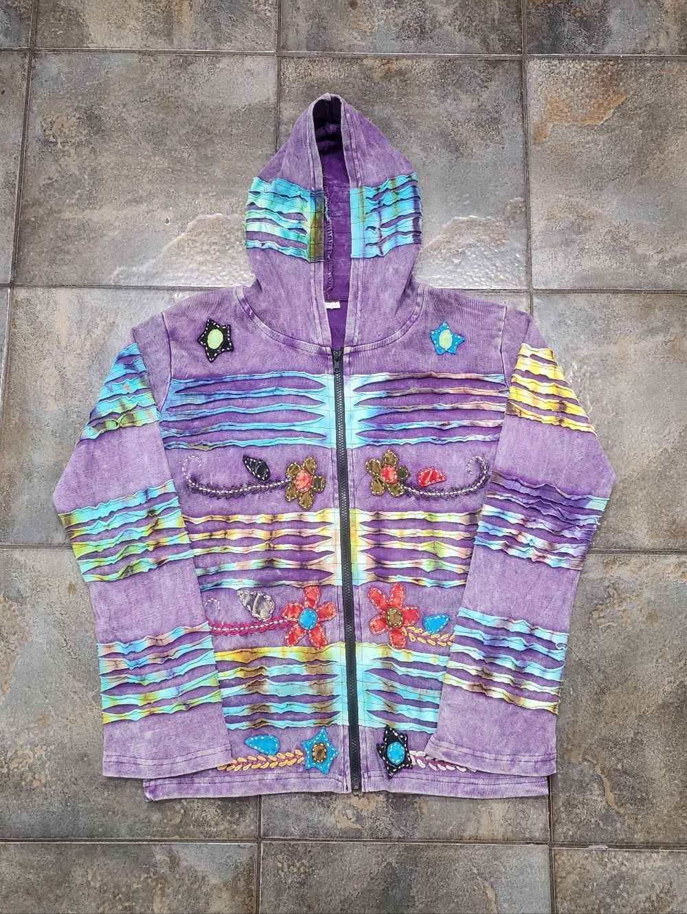 Vintage Y2K Nepal Large Hippie Boho Festival Handmade Patchwork Full Zip Hoodie